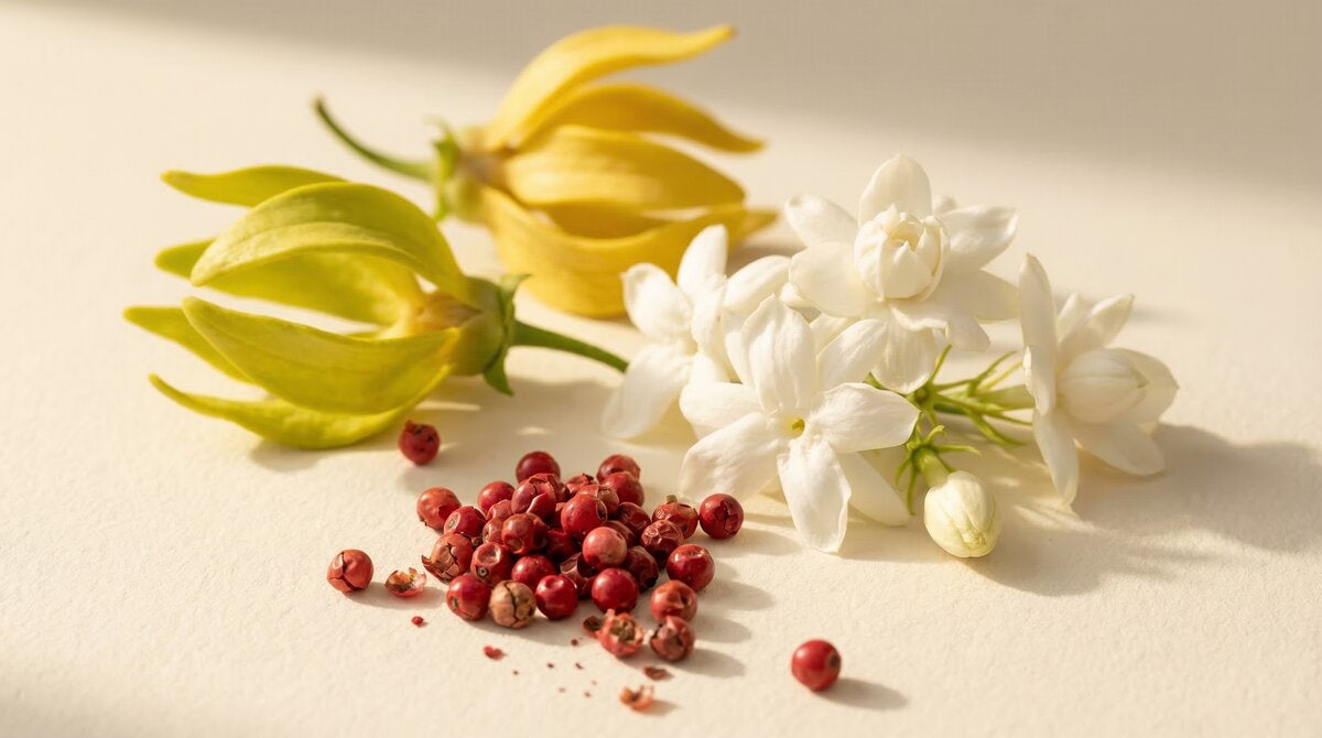 Heart notes: Jasmine Sambac, Ylang-Ylang, Pink Pepper